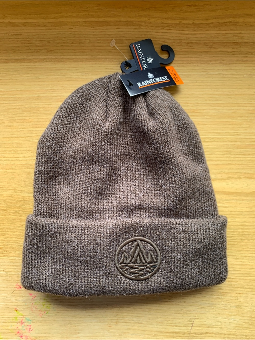 RAINFOREST Brown (Bark) Folded Cuff Knit Hat with Embroidered Emblem Lined NWT